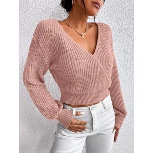 Minimalist Blush Dusty Rose Pink V-neck Copped Sweater Long Sleeve Knit Crop Top